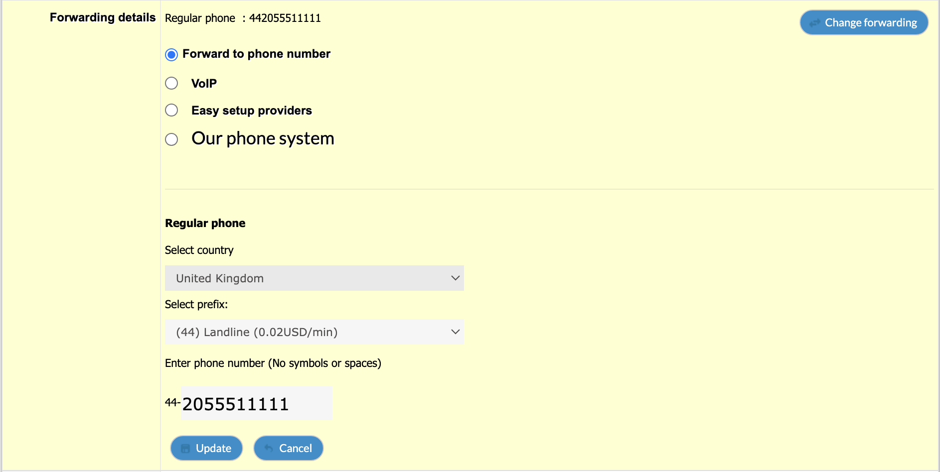 FlyNumber forwarding settings interface showing options to forward calls to a phone number