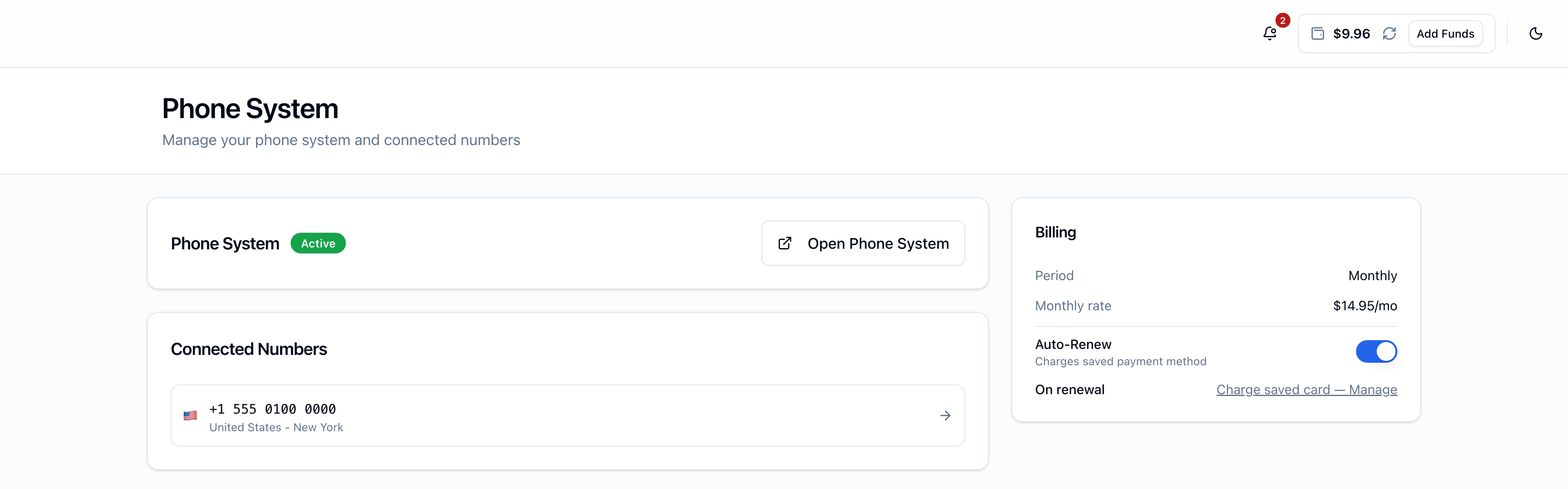 Active phone system page with the Open Phone System button, a Connected Numbers list, and the Billing sidebar showing $14.95/mo Monthly with auto-renew on