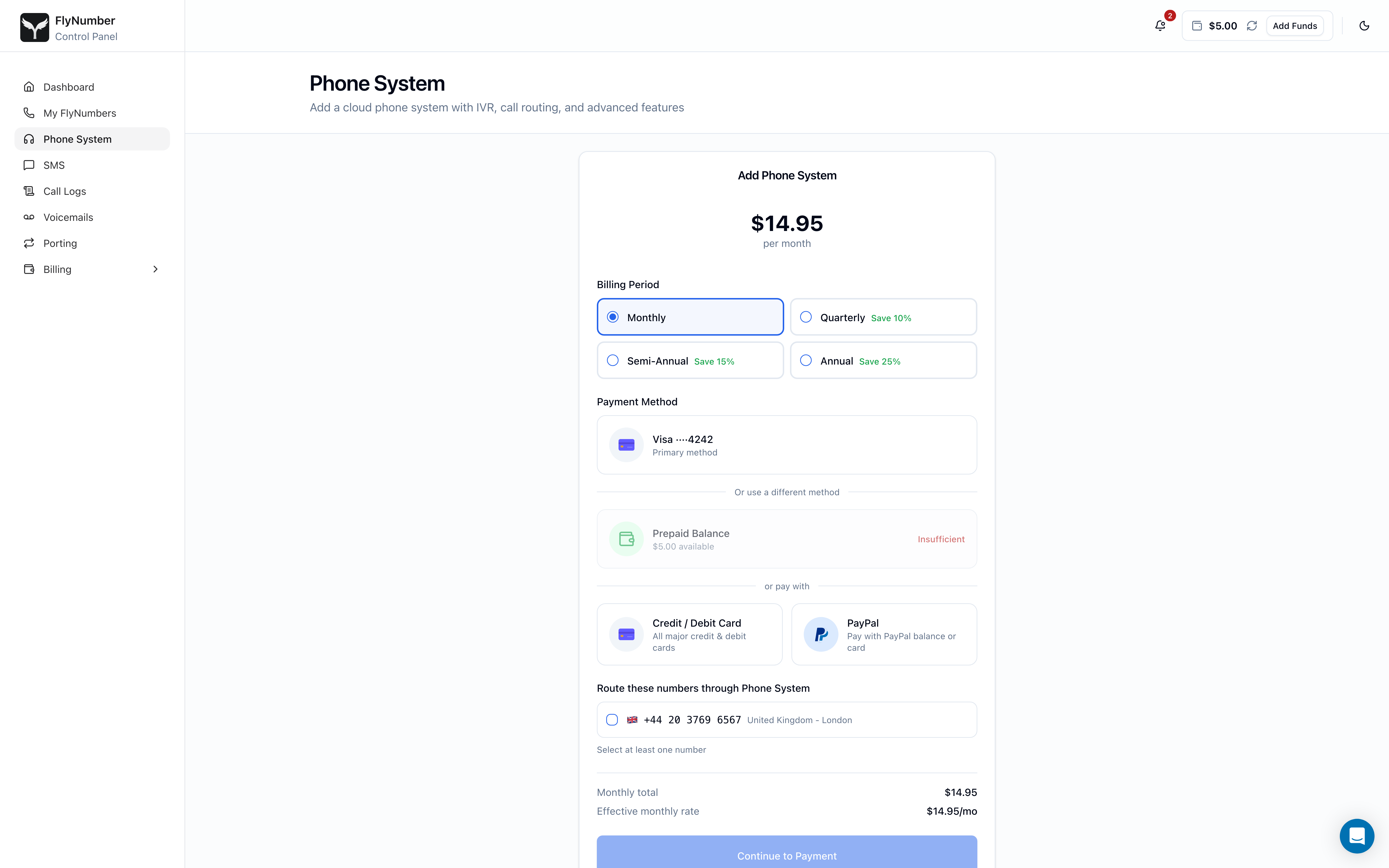Add Phone System form showing billing period radios, payment method selector, and a list of FlyNumbers to route through the phone system
