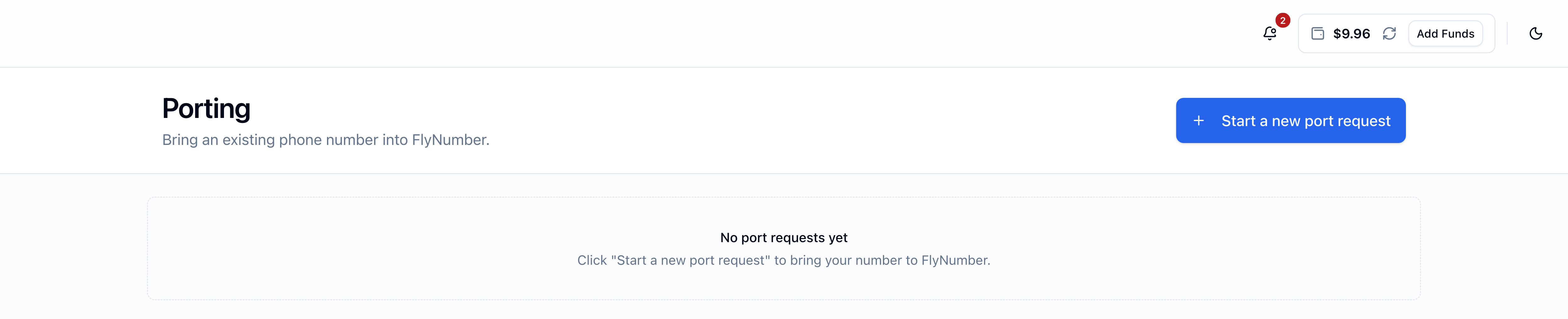 Porting page in the FlyNumber panel showing the header 'Porting' with subtitle 'Bring an existing phone number into FlyNumber', a 'Start a new port request' button on the right, and an empty-state card reading 'No port requests yet — Click Start a new port request to bring your number to FlyNumber'