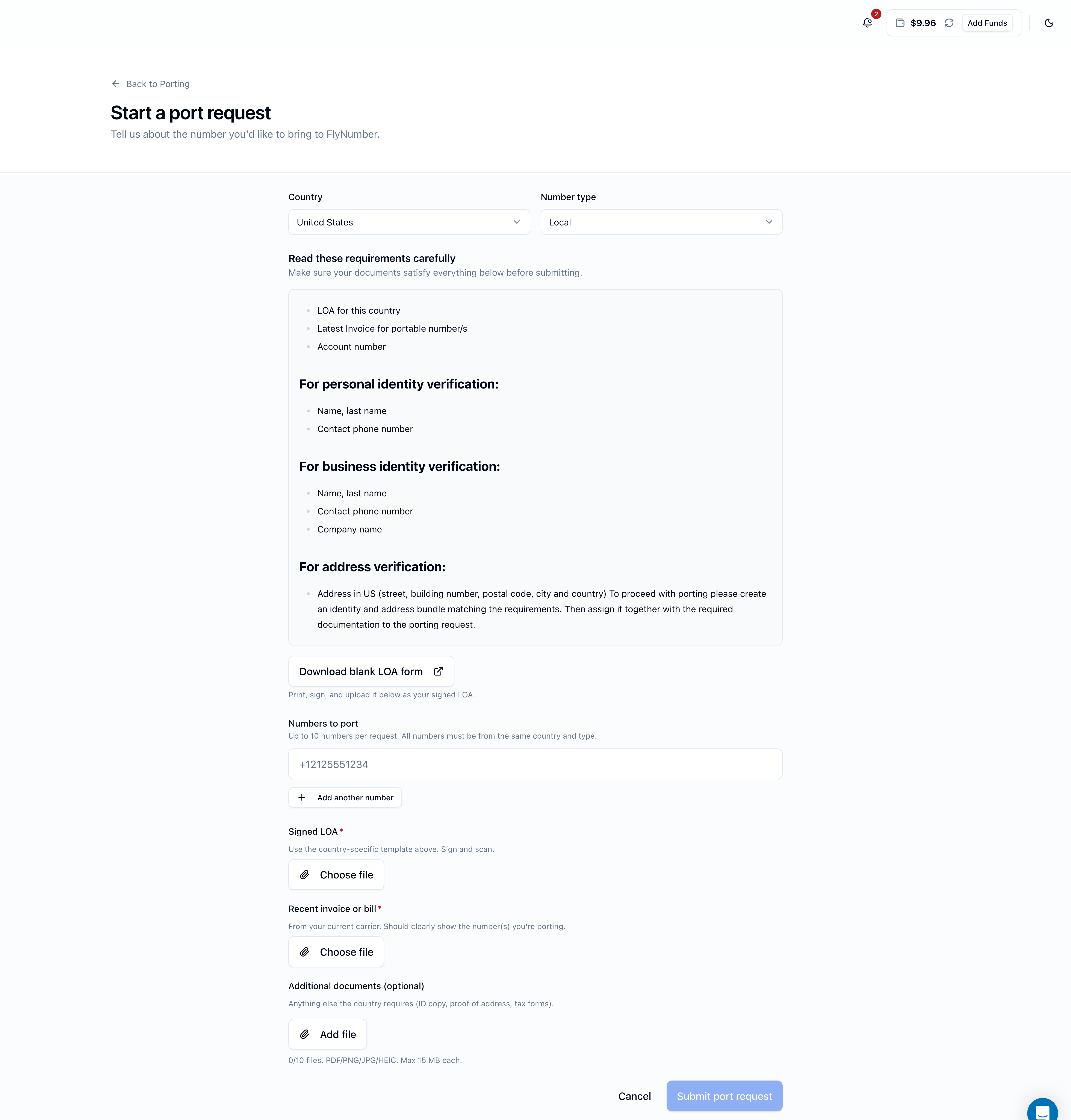 Start a port request form showing a Country dropdown set to United States, a Number type dropdown set to Local, an auto-populated 'Read these requirements carefully' card listing what's needed (LOA for this country, Latest Invoice for portable numbers, Account number, identity verification fields, address verification), a Download blank LOA form button, a Numbers to port section with one E.164 input, file upload slots for Signed LOA and Recent invoice or bill (both required), and an Additional documents (optional) slot with 0 of 10 files, accepted formats PDF/PNG/JPG/HEIC and 15 MB max each. Cancel and Submit port request buttons at the bottom