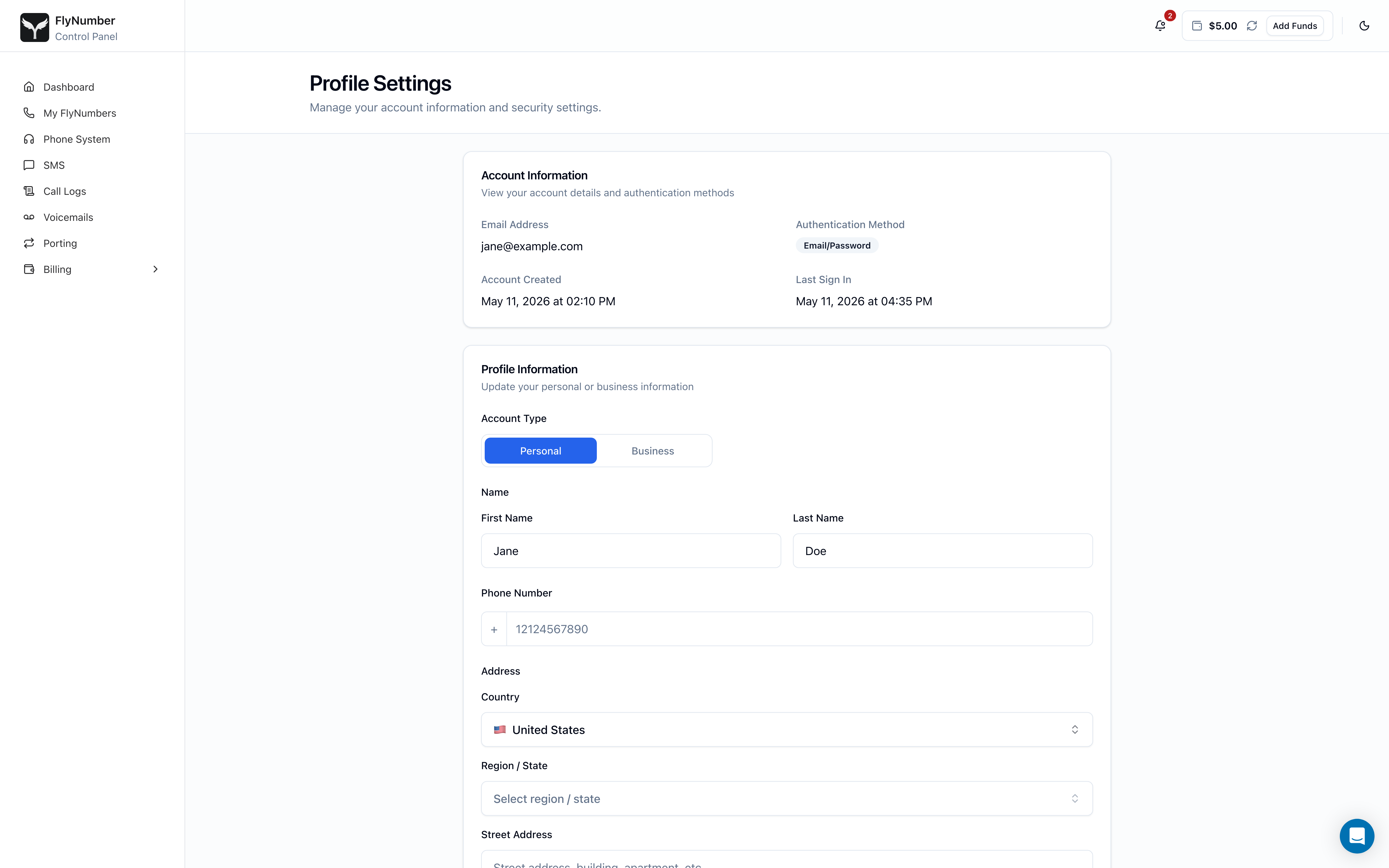 Profile Settings page showing Account Information, Profile Information, Security Settings, Recent Login Activity, and Delete Account sections