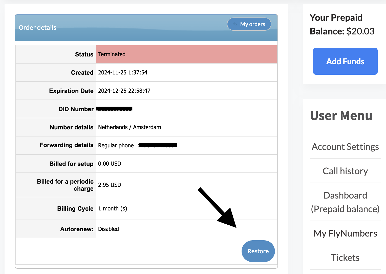 Restoring a terminated number