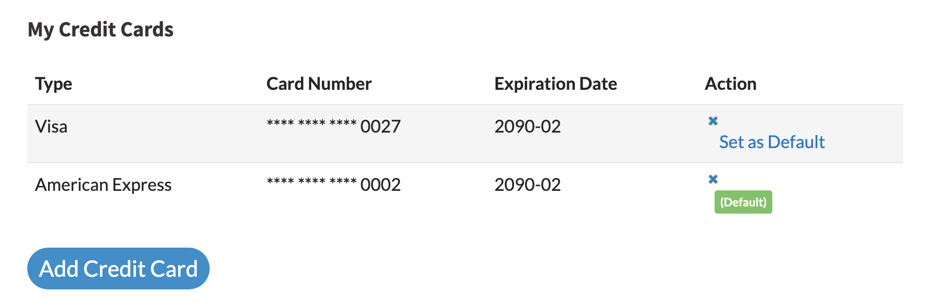 Account settings page showing saved credit cards and default card selection