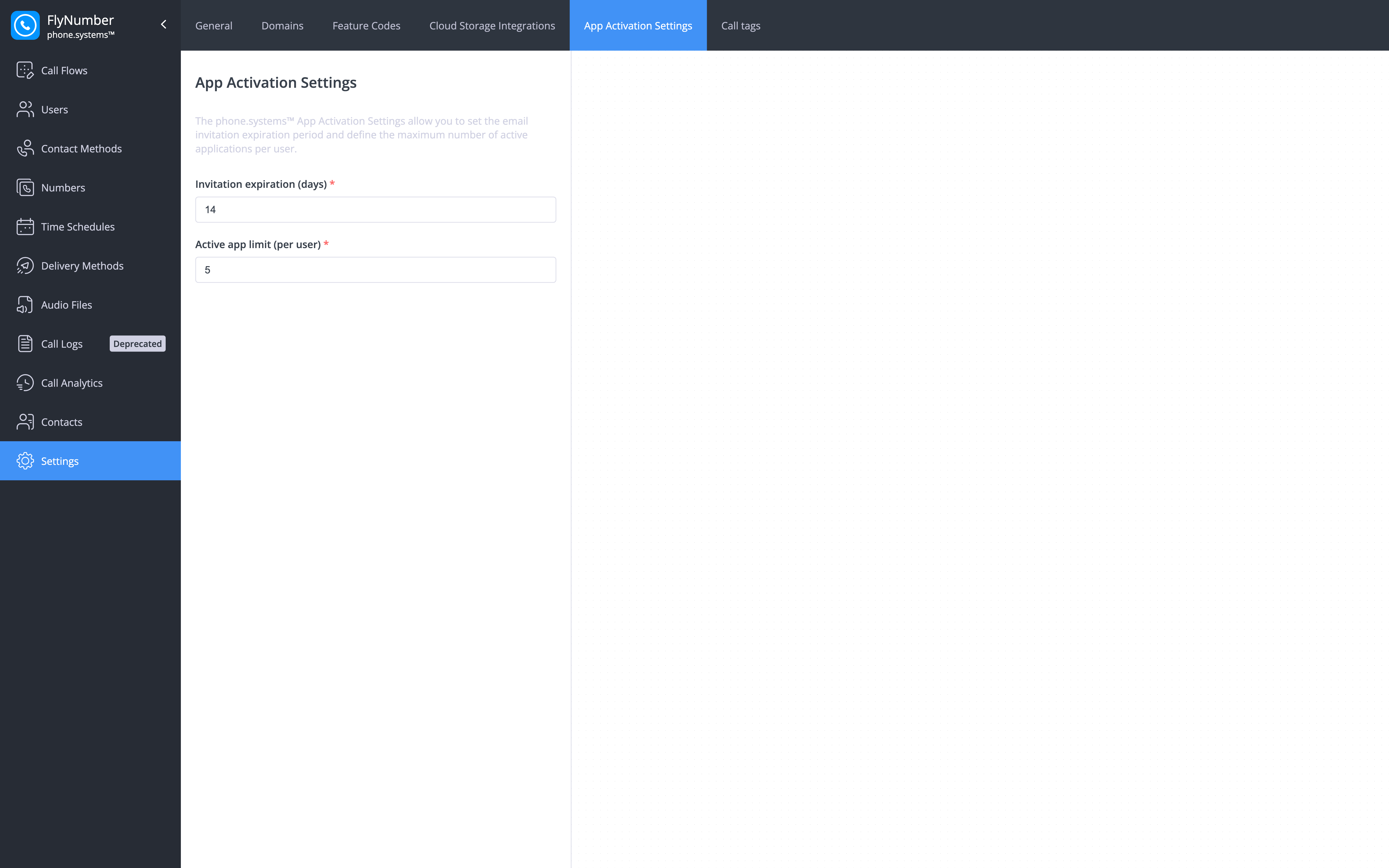 App Activation Settings tab with the Invitation expiration and Active app limit fields