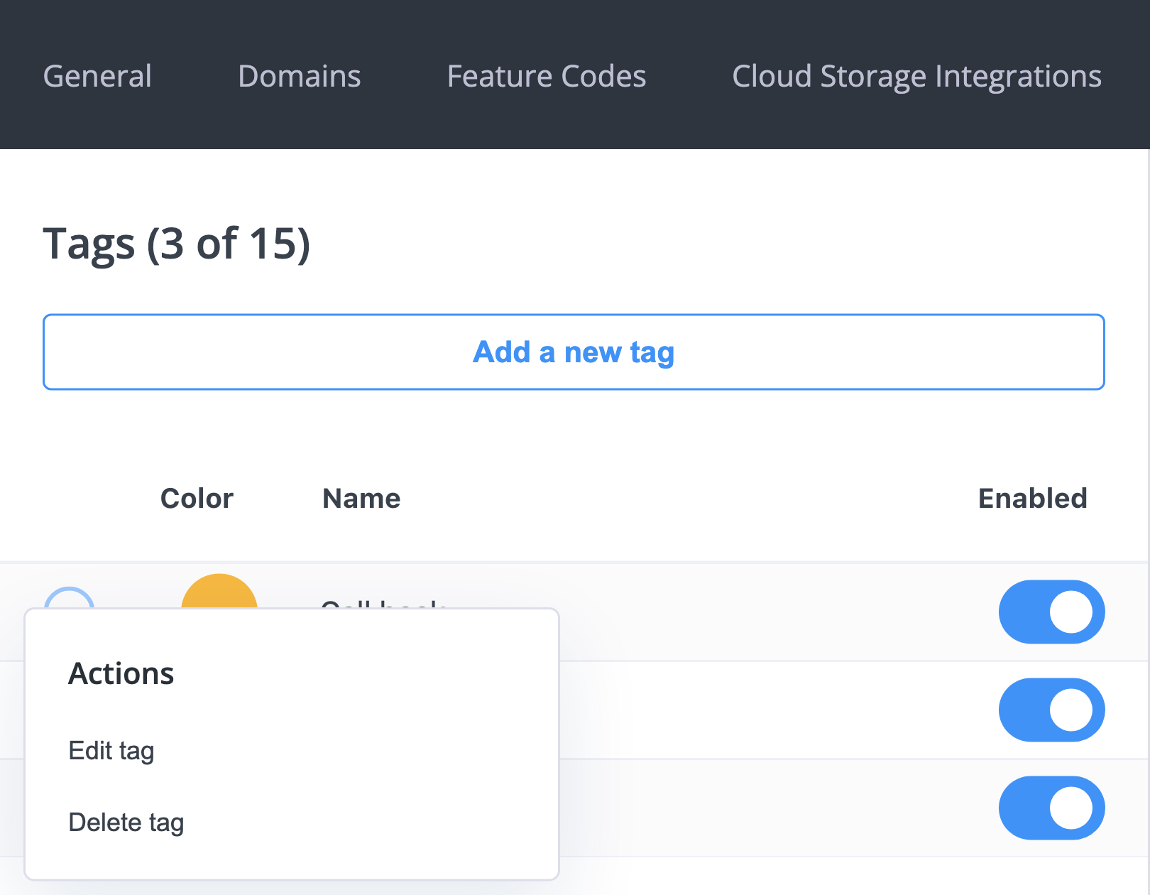 Actions menu on a tag row with Edit tag and Delete tag options