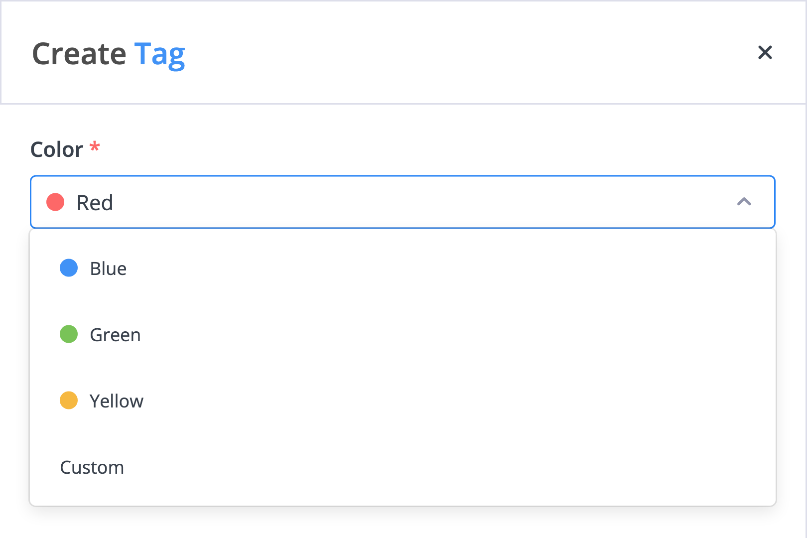 Create Tag form with the color list open showing the preset colors and a Custom option