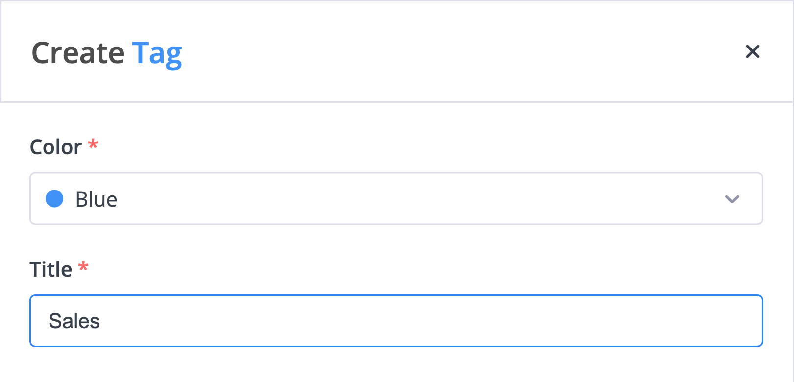 Create Tag form with Blue selected and the title Sales entered