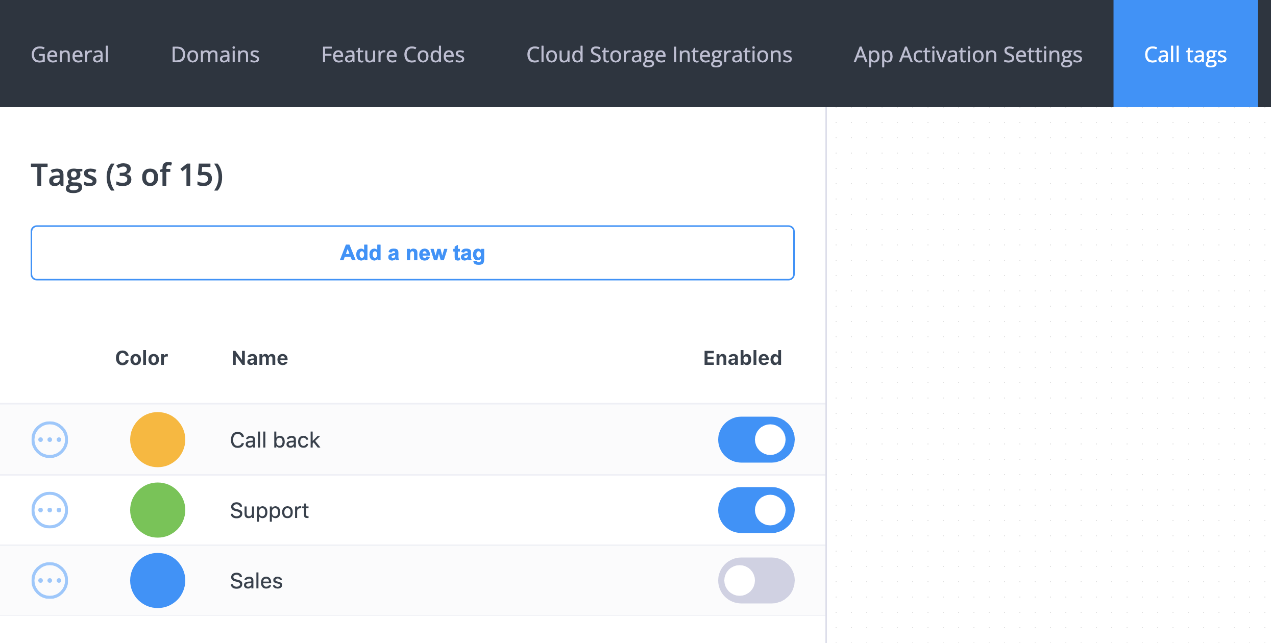 Tag list with the Sales tag switched off using the Enabled toggle