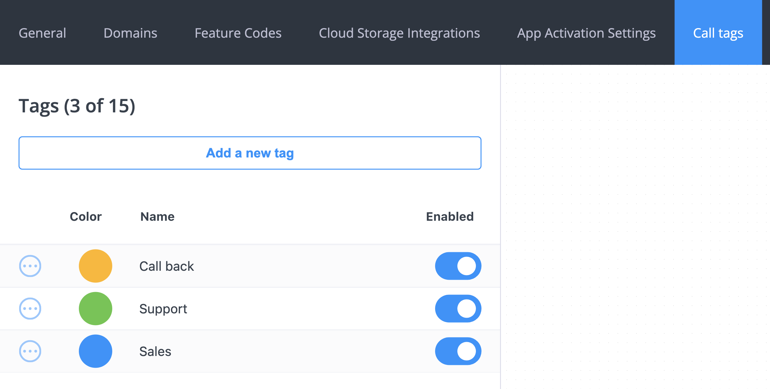 Call tags settings page listing three tags with their colors and enabled toggles
