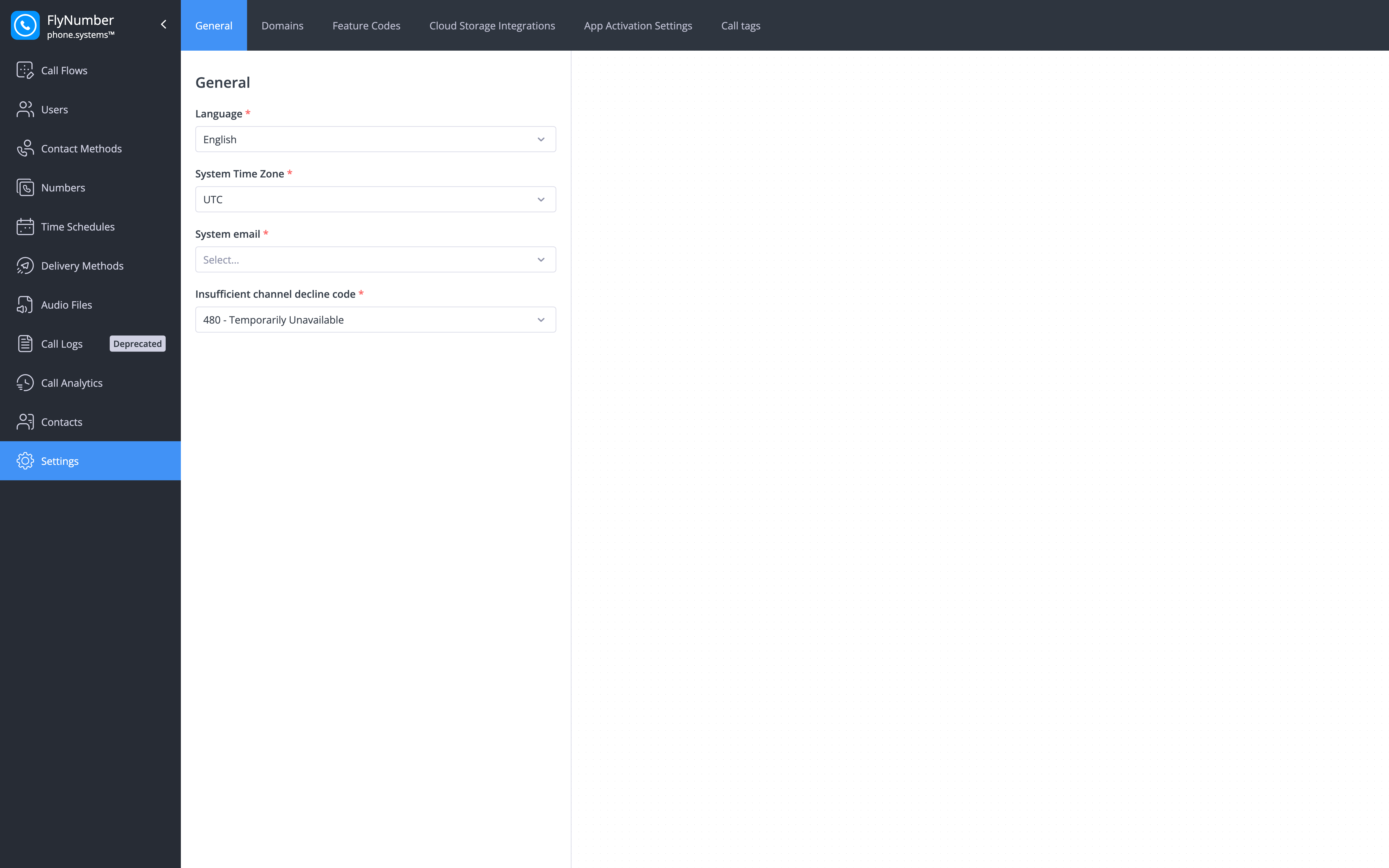 General settings interface showing language, timezone, and other system configurations