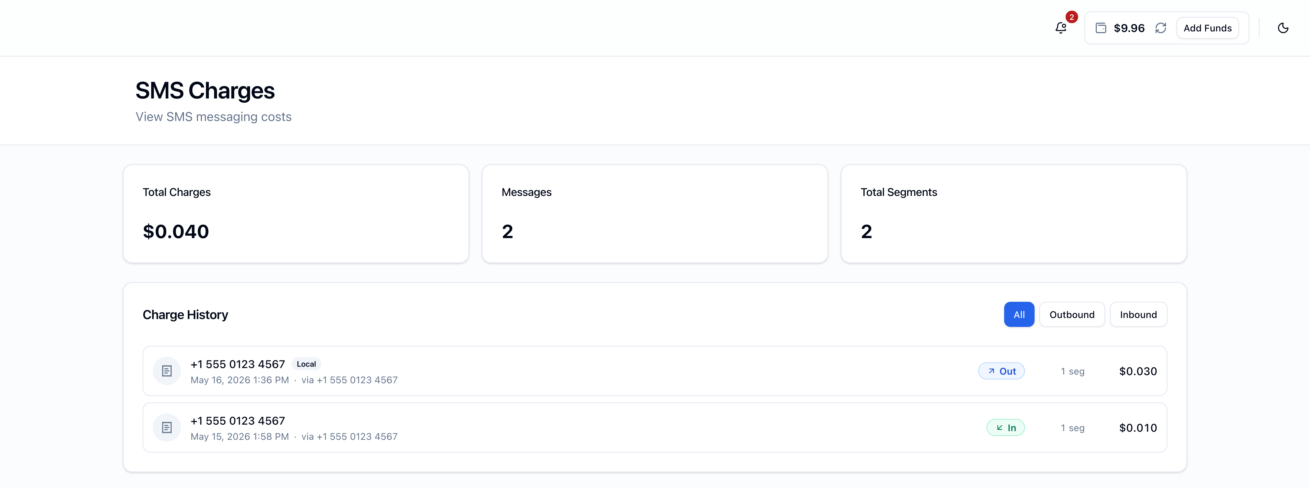 SMS Charges page showing three summary cards (Total Charges, Messages, Total Segments) above a Charge History list with All / Outbound / Inbound filter pills; each row shows the contact phone number with a Local badge when same-country, the date and time, the FlyNumber it went via, direction (In or Out badge), segment count, and the charge amount with three-decimal precision