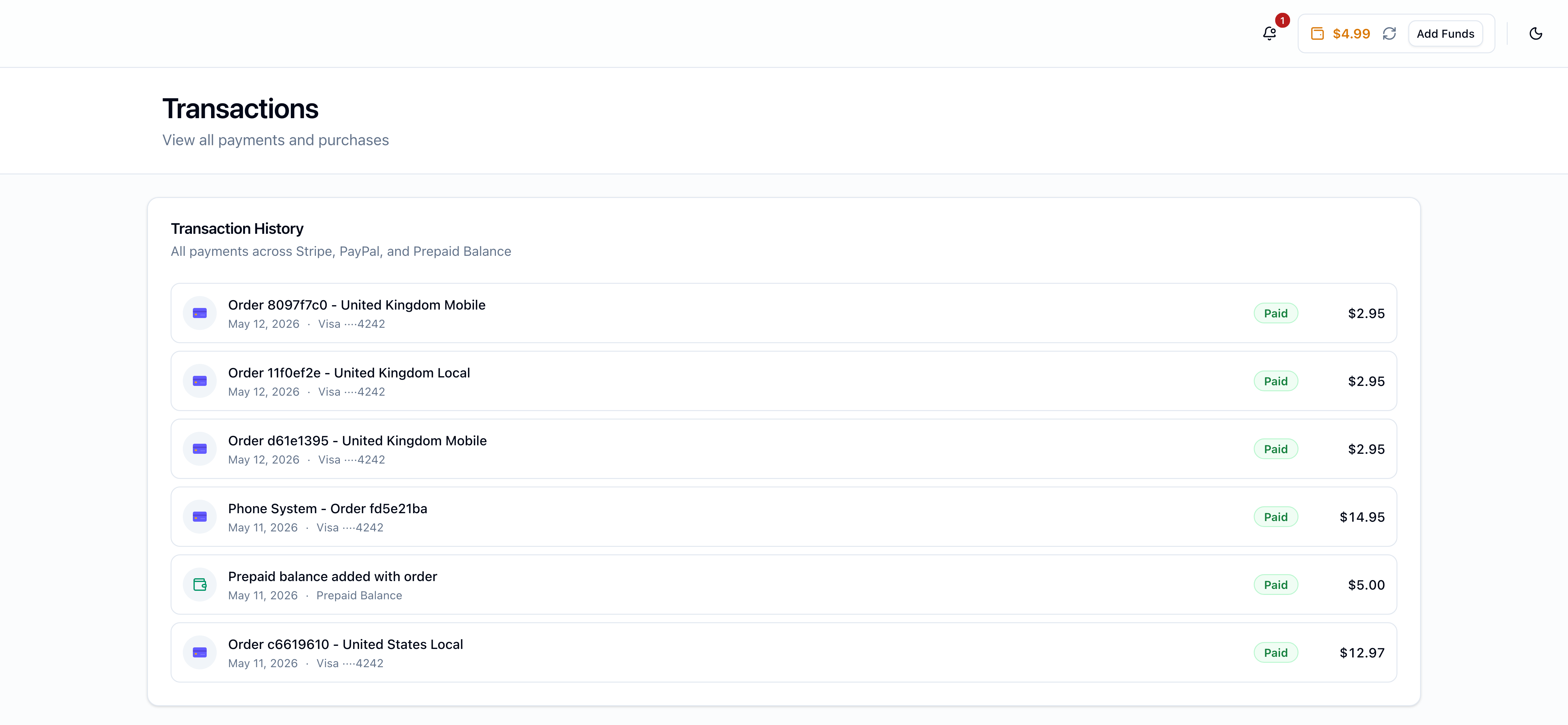 Transactions page showing a list of paid orders across United Kingdom Mobile, United Kingdom Local, United States Local, Phone System, and a Prepaid balance addition โ each row with date, payment method, status, and amount
