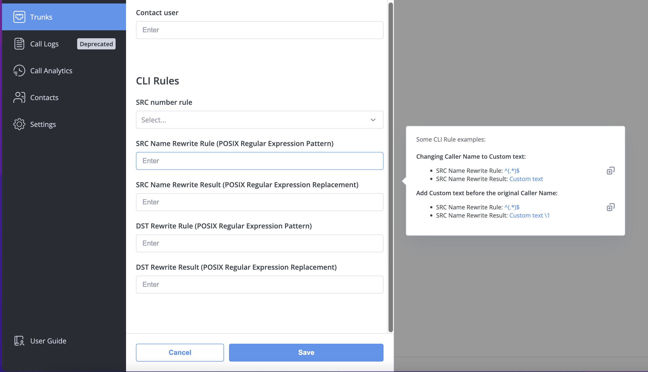 CLI rules configuration for inbound trunks showing caller ID modification options