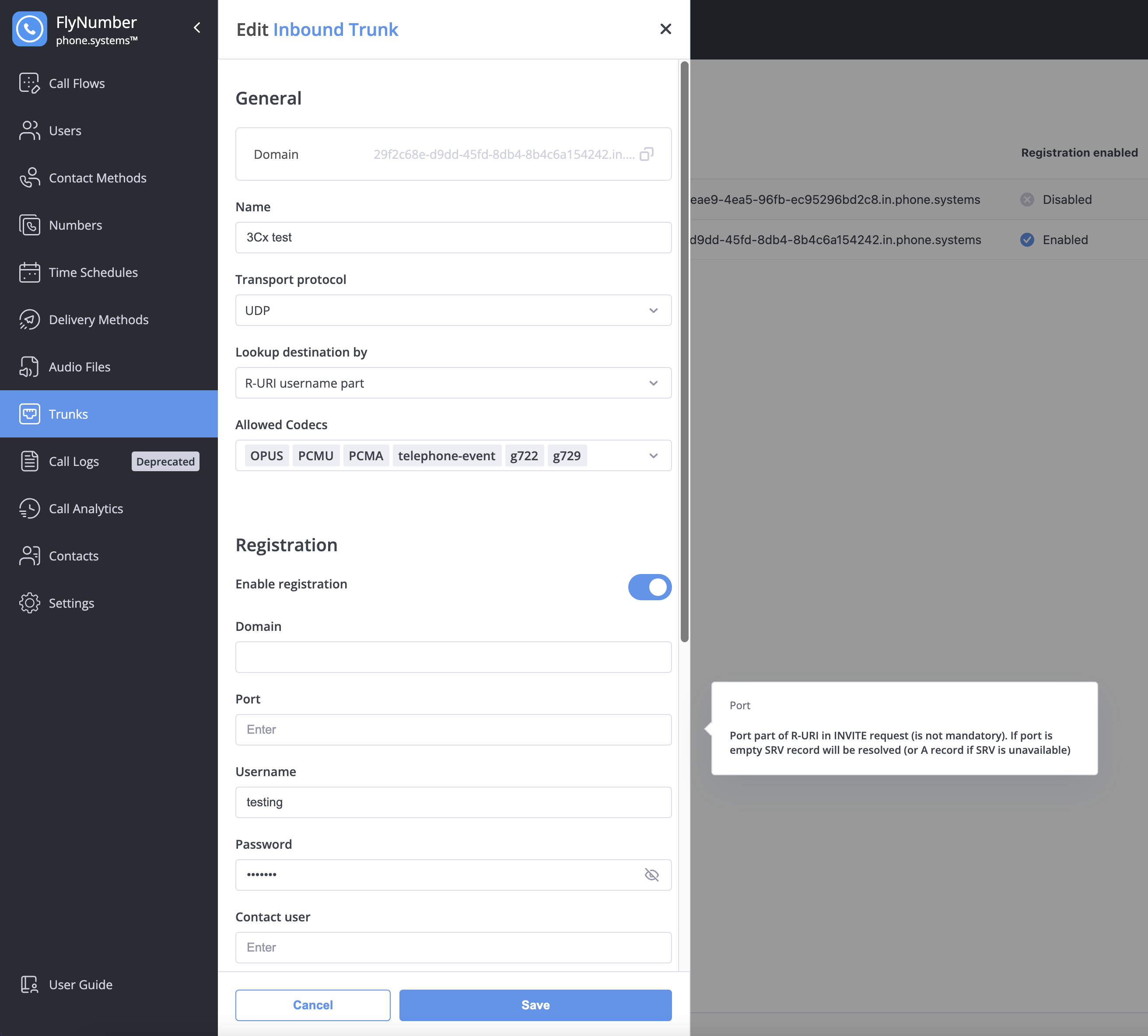 Inbound trunk configuration options showing general settings and registration details