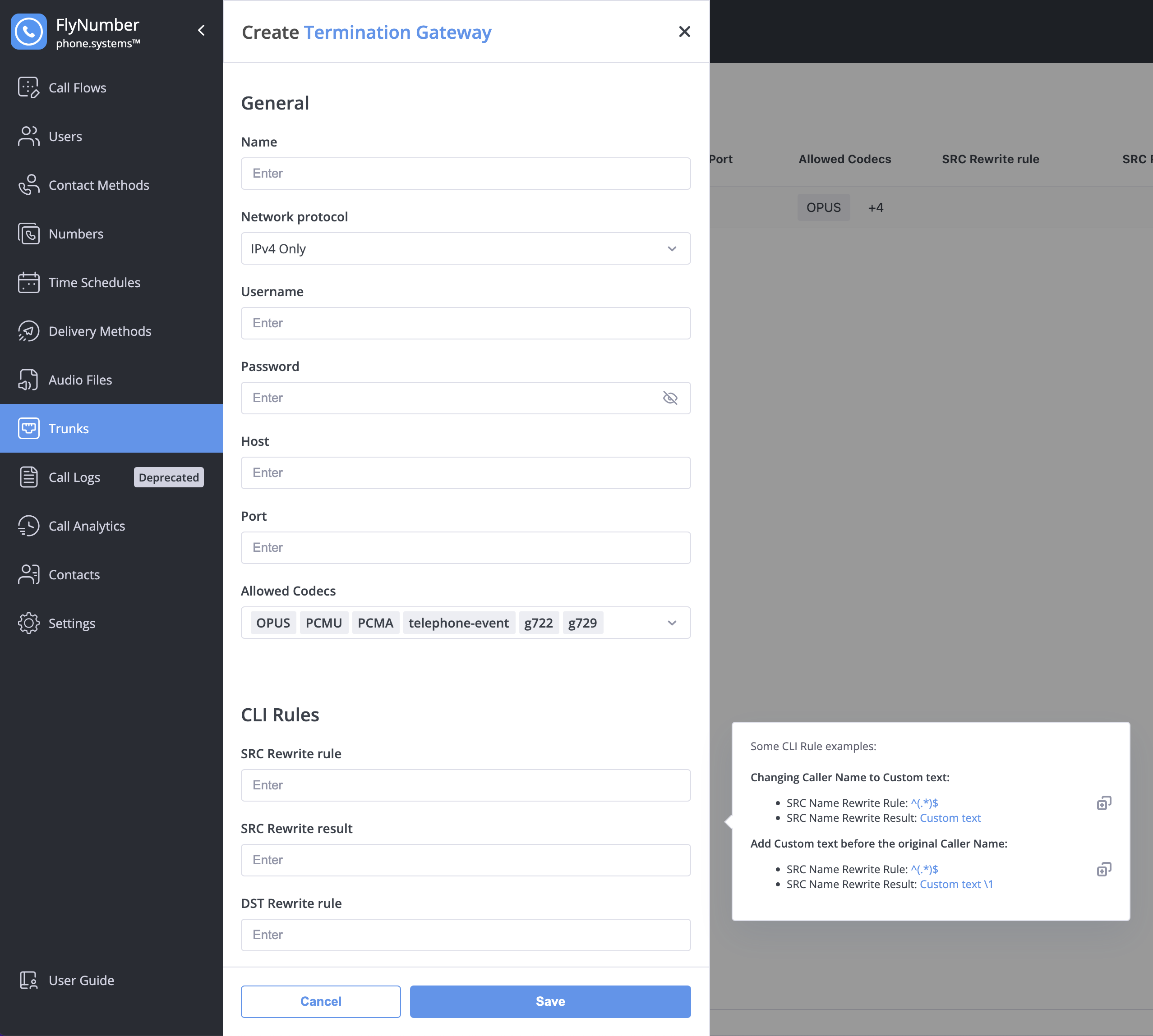 Creating a termination gateway with configuration options