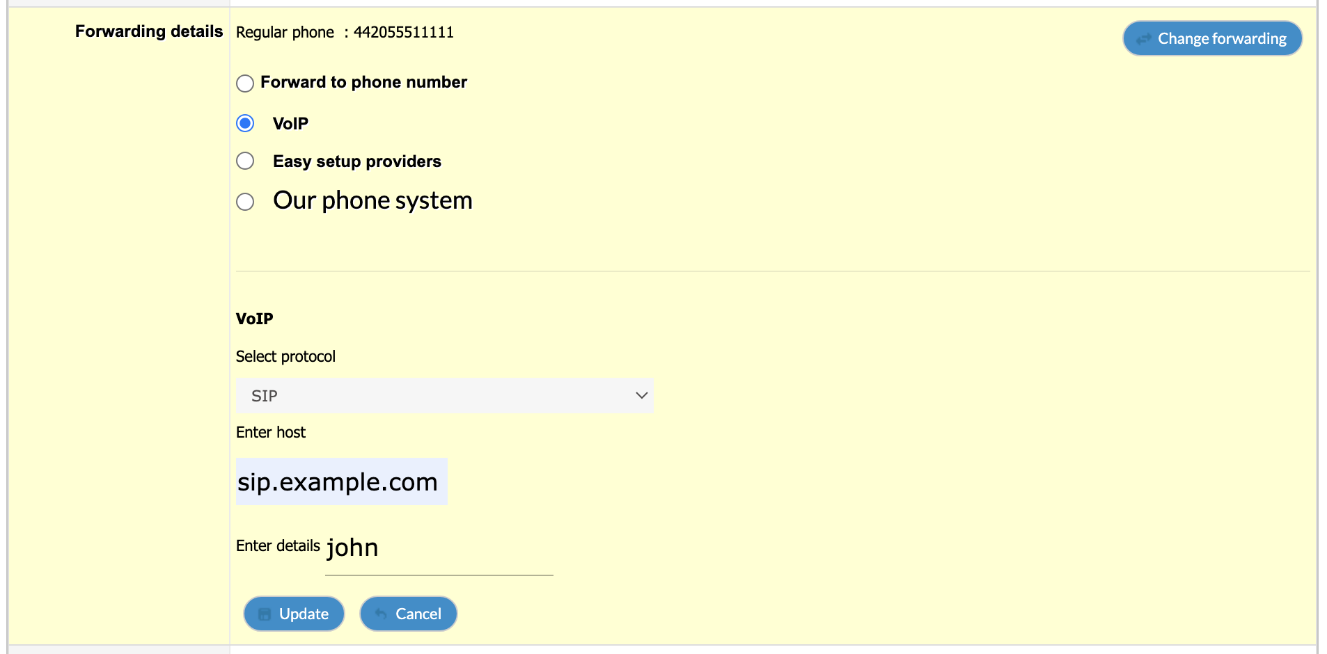 FlyNumber forwarding settings interface showing VoIP configuration options