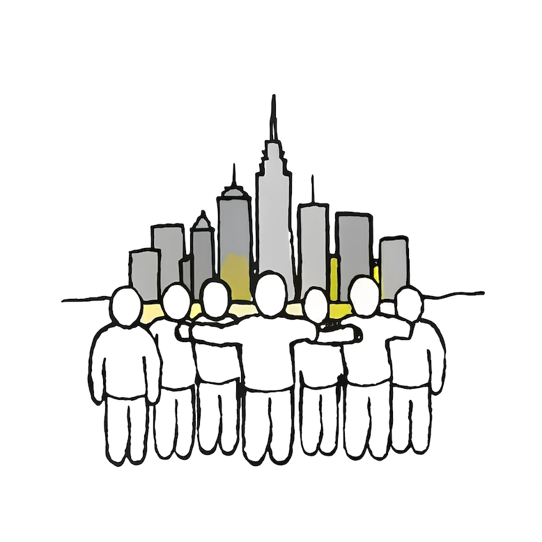 grayscale image with a little yellow of people in front of nyc skyline