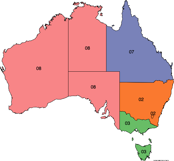 Map of Australia showing the area codes for each region
