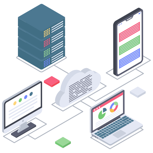Smartphone laptop and computer surrounding a cloud in the center all connected to a server