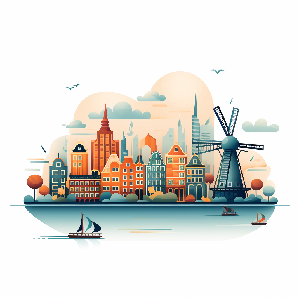 netherlands skyline with windmill and boat sailing across