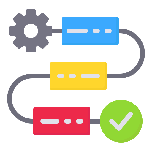 Icon of gear and colorful modules connecting to a checkmark