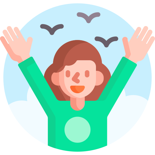 Lady with her hands in the air and birds flying above