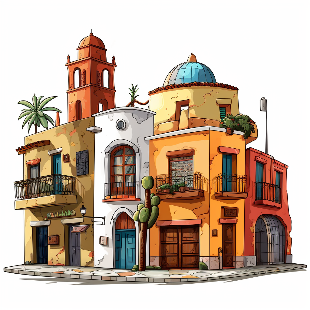 Rendering of Mexican buildings in different colors with cactus and palm tree