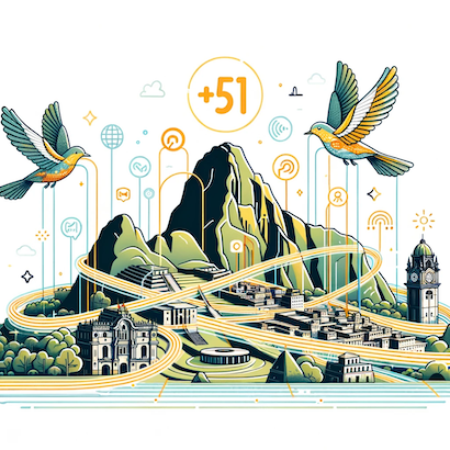 Illustration of Peru's iconic landmarks such as Machu Picchu, the Nazca Lines, and the historic buildings of Cusco. Intertwined with these landmarks are shimmering digital lines representing VoIP connections. Birds, echoing the 'flynumber' theme, fly around with banners showcasing '+51' (Peru's area code) and associated VoIP symbols. The artwork is designed in a transparent, cut-out style.