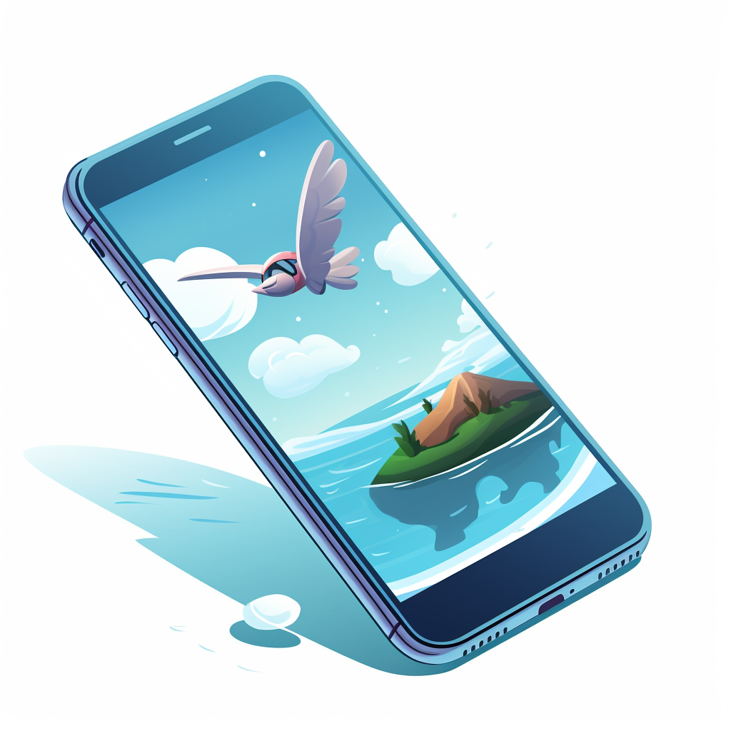 A smartphone with a bird looking airplane flying above an island on its screen