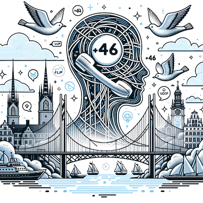 A depiction of Sweden's iconic landmarks, intertwined with digital lines symbolizing VoIP connections. Birds representing 'flynumber' are seen flying with banners showcasing '+46' and related VoIP symbols.