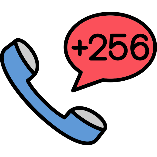 Icon of blue phone with Ugandan area code 256 in red speech bubble