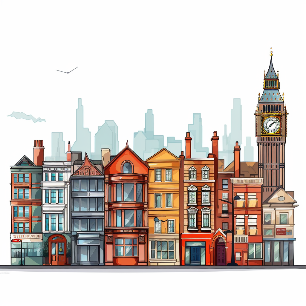 rendering of uk style buildings with big ben to the right and bird flying in background